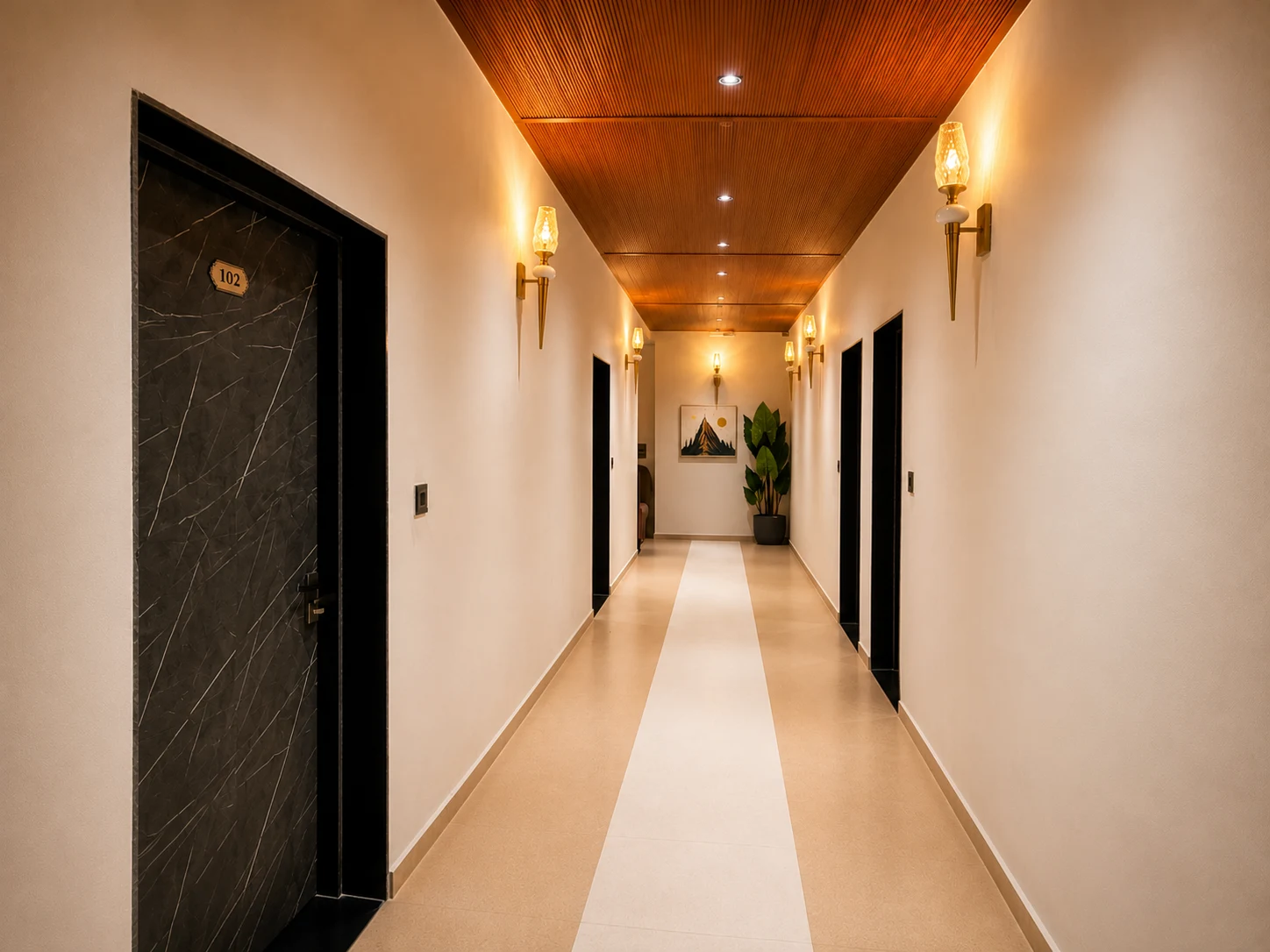 The room corridor with stone-finish doors